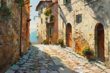 Charming narrow cobblestone street in historic European village with stone buildings, flowers, and rustic atmosphere on a sunny day.