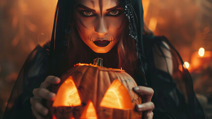 Halloween witch. A beautiful woman in a hood with mysterious eyes holds a pumpkin. Against the backdrop of an eerie dark magical forest. Design for a Halloween party.