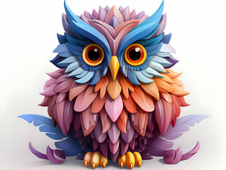 Wall Mural - 3D Render of a cute cartoon owl with feathers on a white background