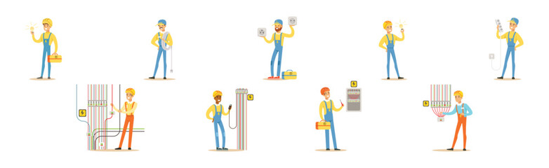 Wall Mural - Man Electrician In Uniform and Hard Hat Working with Electric Cables and Wires Vector Set