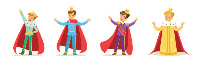 Poster - Little Boy In Prince Costume with Golden Crown Vector Set