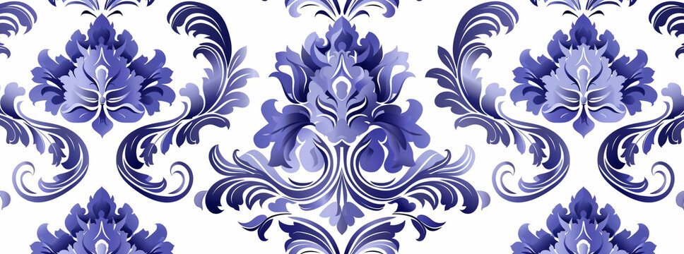 A seamless pattern of blue damask on a white background, in the style of seamless.


