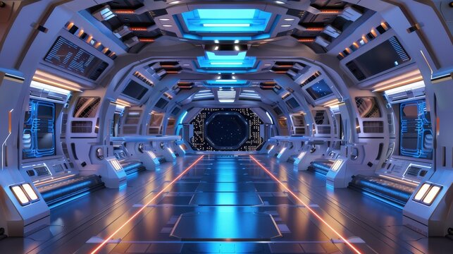 A sleek, futuristic spaceship interior bathed in cool blue light reveals advanced technology and ergonomic design, hinting at interstellar travel and exploration.
