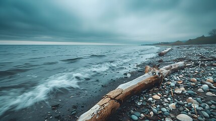 Poster - Serene Coastal Scene with Driftwood and Shells on Pebbled Beach Overcast Skies