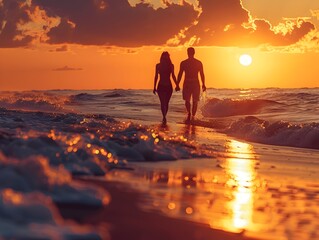 Canvas Print - Silhouetted Couple Strolling on a Tranquil Beach at Sunset