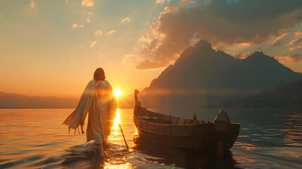 Jesus Christ walking towards boat at dusk.  