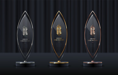 Wall Mural - Set of glass award trophy with palm branch. Transparent prize template with golden branch. Winner first place concept. Vector illustration.