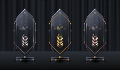 Wall Mural - Set of glass award trophy with palm branch. Transparent prize template with golden branch. Winner first place concept. Vector illustration.