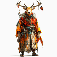 Wall Mural - 3D Deer assassin cartoon with mask isolated on white background. Realistic Deer ninja