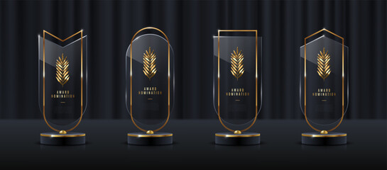 Wall Mural - Set of glass award trophy with palm branch. Transparent prize template with golden branch. Winner first place concept. Vector illustration.