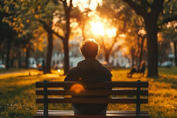 A calm man sits alone on a bench, enjoying a beautiful sunset in the park