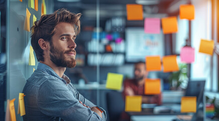 Leinwandbilder - An energetic man with a go-getter attitude, brainstorming ideas in his lively tech startup office. Generative AI.