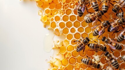 Group of bees clustered on a honeycomb, with hexagonal cells filled with honey, against a white background