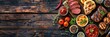 © Vlad - Meats. Various Grill and Bar-B-Q Meats on Rustic Wooden Background with Aged Kitchen and Butcher Tools