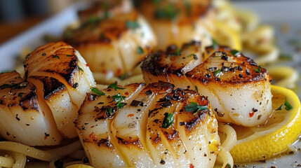 Wall Mural - Mouthwatering delicious Pan-Seared Scallops with Lemon and Garlic Paste. Generative AI.