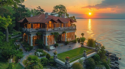 Beautiful summer house with lush beautiful garden, classic architecture, summer, seaside view, colorful sunset, outdoor space. Aerial high view. Generative AI.