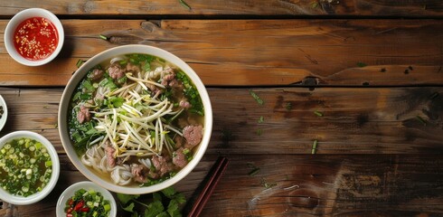 Wall Mural - Top view of a delicious bowl of pho on a wooden table, Vietnamese traditional food