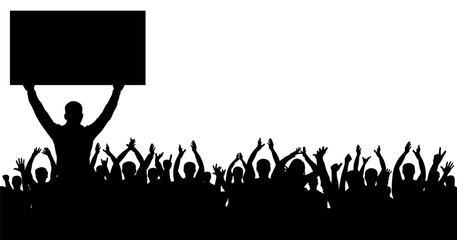 Wall Mural - Man holding banner on background of cheerful crowd people, silhouette. Audience agitation. Vector illustration