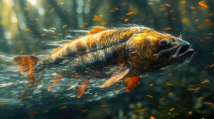 Wall Mural - Golden Fish Swimming Through Sparkling Water