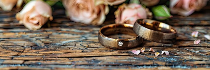 Wall Mural - Golden Wedding Rings with a Red Rose and Petals beautifully arranged on a Wooden Surface