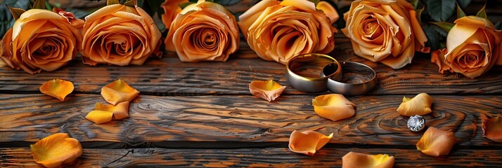 Wall Mural - Golden Wedding Rings with a Red Rose and Petals beautifully arranged on a Wooden Surface