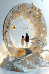 Canvas Print - couple standing on staircase in cosmic landscape, concept for romance and exploration of the univers
