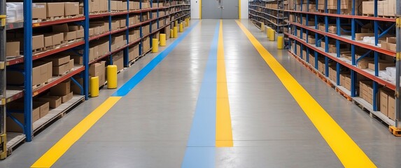 A well organized warehouse aisle with neatly stacked boxes on shelves, showcasing clean, efficient storage and logistics management