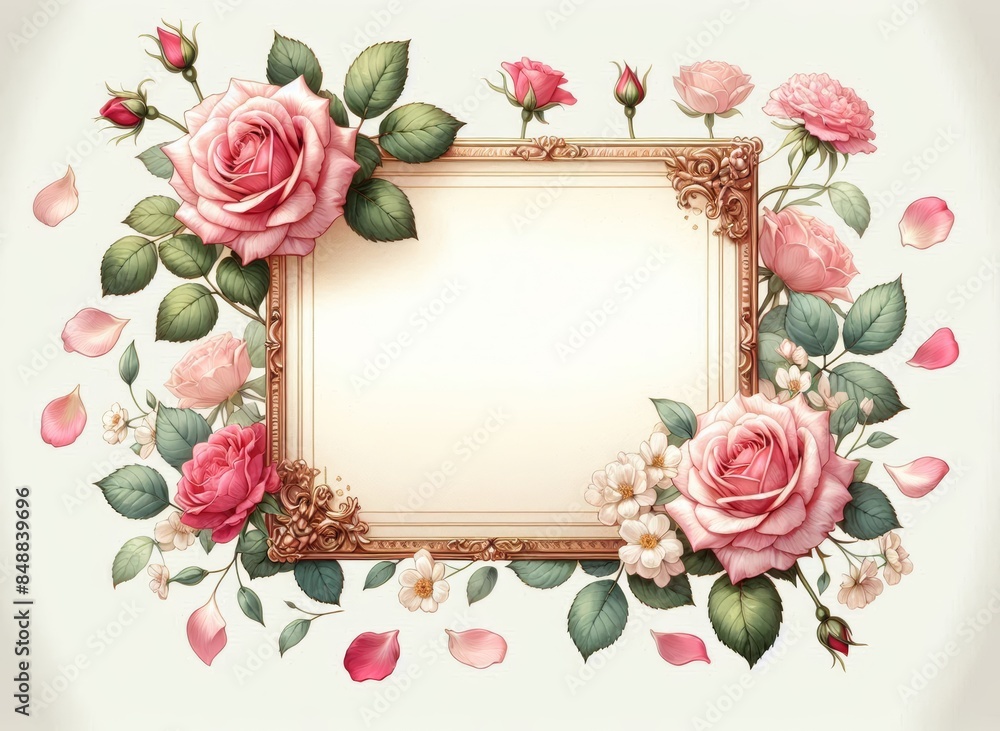 Elegant floral frame with pink roses, greenery, and decorative gold ...