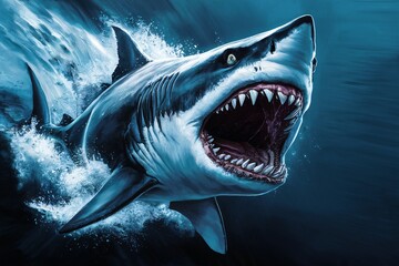 Illustration of a big shark with its mouth wide open in the deep blue sea.