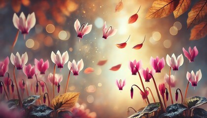 Wall Mural - A fall scene with Cyclamen flowers falling from the top of the image