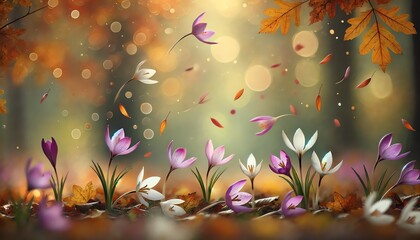 Wall Mural - A fall scene with Colchicum flowers falling from the top of the image