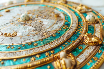 Wall Mural - intricate astrological clock with golden details and turquoise accents, representing celestial theme