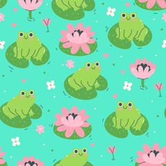 Wall Mural - Seamless pattern with cute frogs and water lilies. Vector graphics.