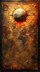 Wall Mural - rustic world map with a large sun and constellations overlay, suitable for vintage and exploration t