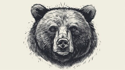 Wall Mural - Vector pen and ink hand drawn illustration of a bear head portrait facing forward, Bear Drawing