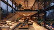 © visoot - In the evening, on rainy days, the super large living room, super large skylight, stairs, sofa, warm, and ultra high definition glass create a grand and ultra high definition feeling. Generative AI.