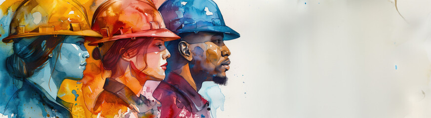 Portraits of diverse workers in colorful hard hats. Watercolor painting of men and women in protective helmets. Concept of diversity and unity in the workforce.