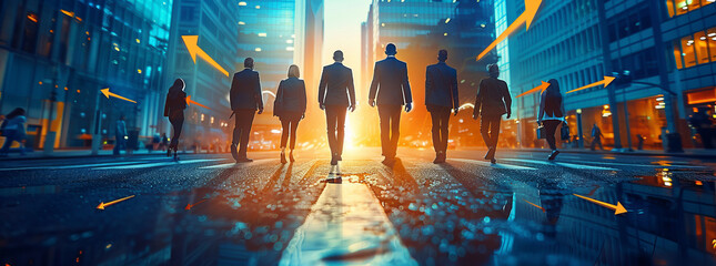 Wall Mural - Bokeh photo of business team, silhouettes, success, victory, on a blue background,generative ai