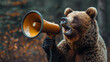 © JKLoma - Bear roaring on a megaphone, announces the end of the bullish trend and the beginning of a bearish trend or recession in the stock and cryptocurrency market.generative ai
