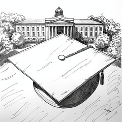 Canvas Print - Black and white illustration. Graduation cap against the backdrop of the university. Celebrating of graduation, university, institute, school. Free space for text
