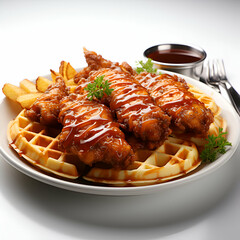 Wall Mural - waffles with caramelized chicken wings on a white background. close up