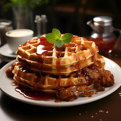 Belgian waffles with caramel sauce and mint on a plate.