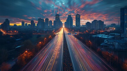 Aufkleber - High-speed photography of a city highway with tall buildings in the background, light trails from cars passing in the style of light exposure effect, urban landscape. Generative AI.