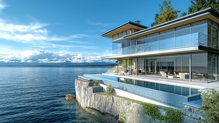 A picturesque view of a contemporary Vancouver house perched on the edge of a cliff overlooking the ocean, with expansive glass walls offering uninterrupted views of the seascape  with the horizon.