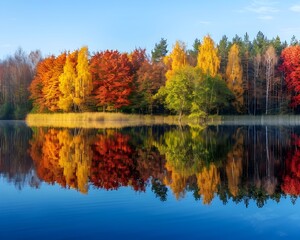 Canvas Print - Tranquil Autumn Landscape Reflected on Calm Lake with Vibrant Foliage