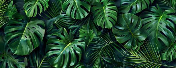 Wall Mural - Green leaves of tropical plants and ferns, abstract nature background. Flat lay style with large monstera leaves and foliage in dark green colors.