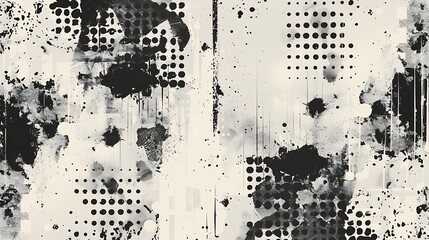 abstract seamless pattern, halftone and splatter design, grunge texture, monochrome color palette, vintage style vector illustration