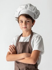 A young boy wearing a chef's hat and apron stands with his arms crossed