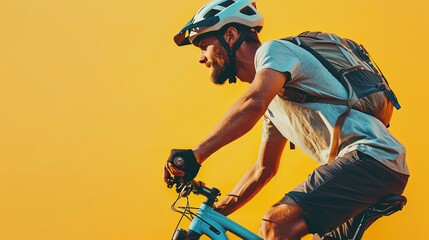 A side view of a man wearing a helmet and riding a mountain bike against a yellow background. Generative AI