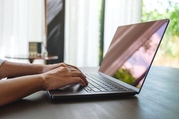 Wall Mural - closeup image of a woman hands working and typing on laptop computer keyboard